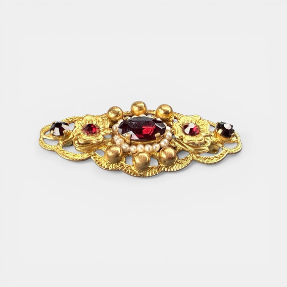 Vintage Czech Garnet Glass Brooch Seed Pearl Filigree Bar Pin Bohemian Jewelry - Picture 2 of 7